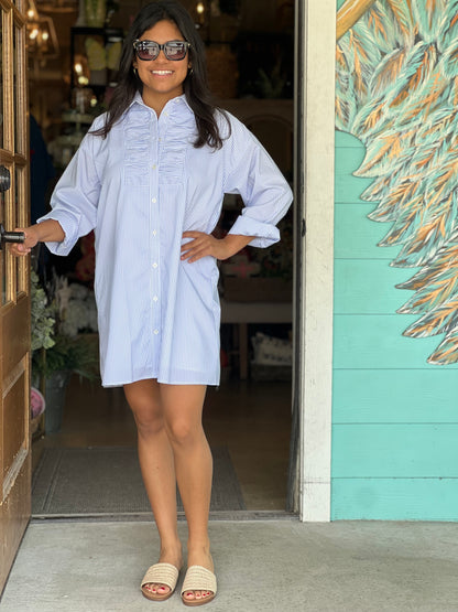 Blue Stripe Poplin Shirt Dress