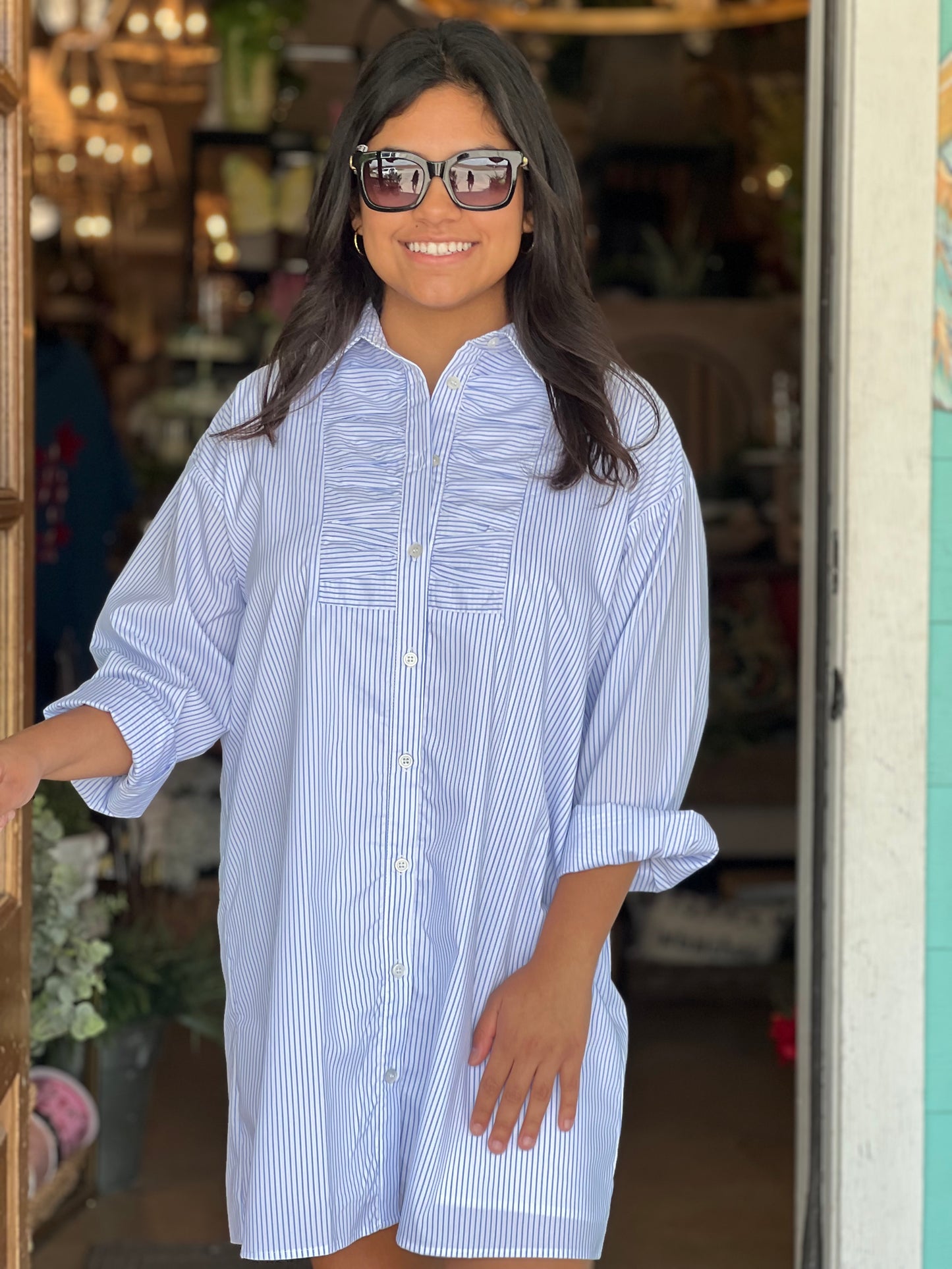 Blue Stripe Poplin Shirt Dress