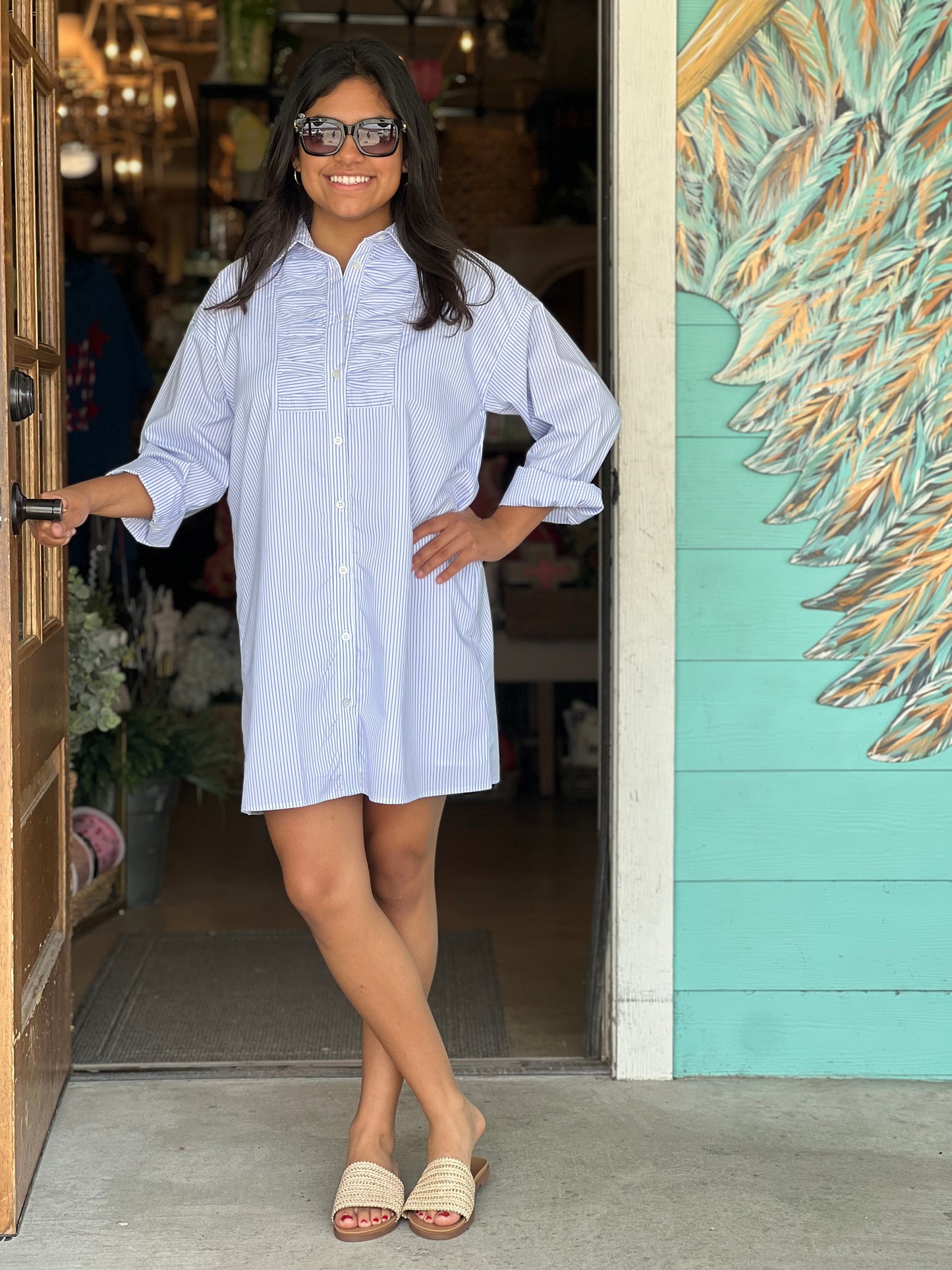 Blue Stripe Poplin Shirt Dress