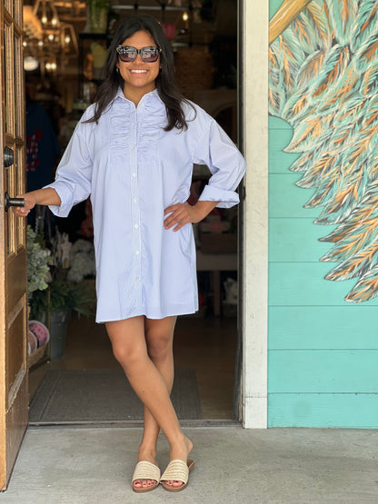 Blue Stripe Poplin Shirt Dress