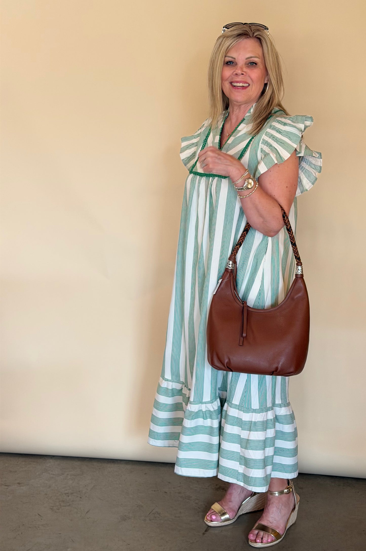 Green Stripe Lace Trim Midi Dress