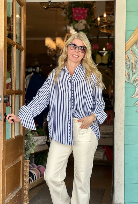 Chambray Navy Striped Long Sleeve Top