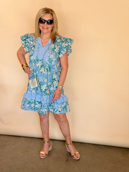 Blue Stripe & Floral Lillie Dress