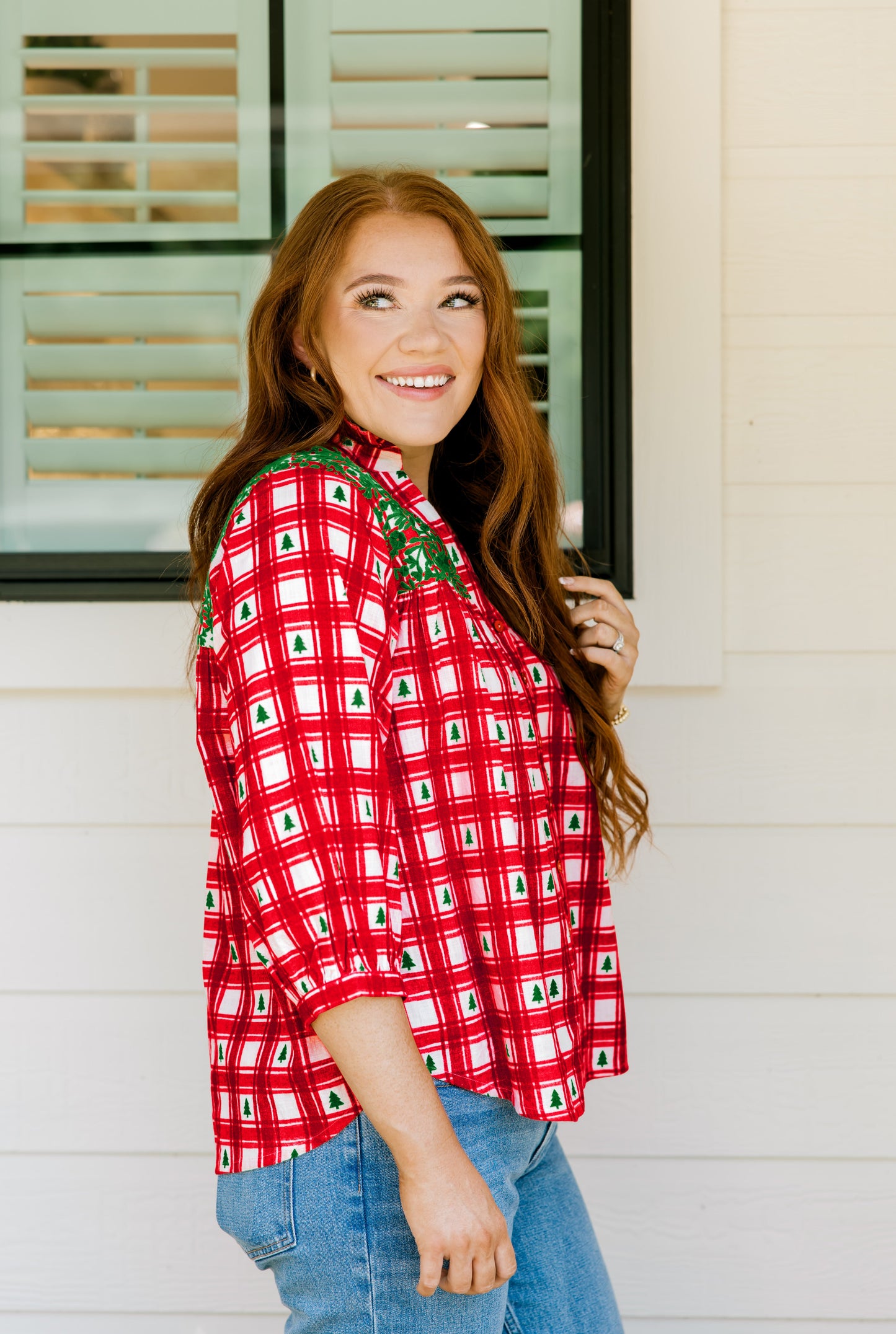 Layerz Jane Red Plaid Tree Embroidered Top