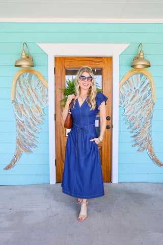 Denim Flutter Sleeve Midi Dress