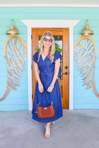 Denim Flutter Sleeve Midi Dress