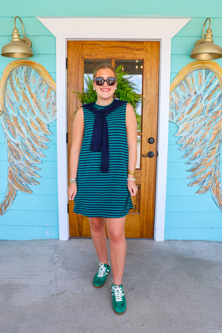 Hunter Green & Navy Stripe Tie Detail Dress