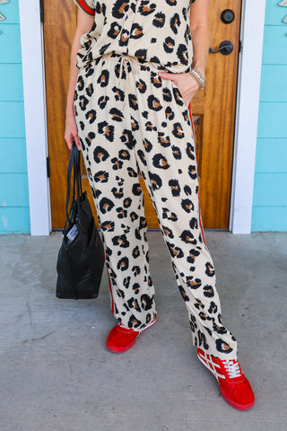 Leopard Print Red Stripe Detail Pants