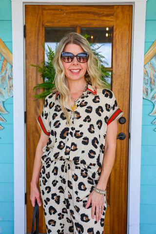 Leopard Print Red Stripe Detail Top