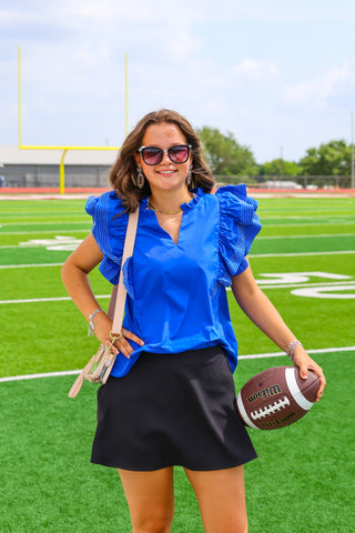 Royal Blue Ruffle Sleeve Stitch Detail Top