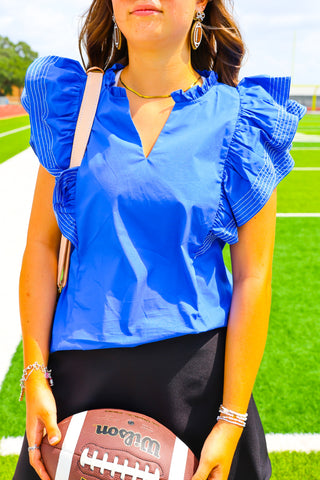 Royal Blue Ruffle Sleeve Stitch Detail Top