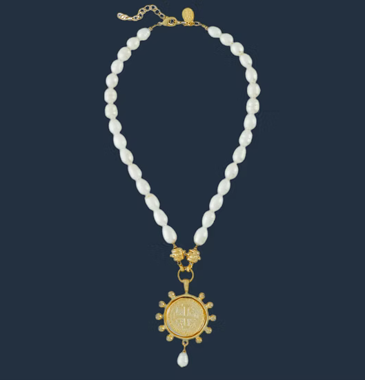 Susan Shaw Peruvian Coin on Freshwater Peal Necklace