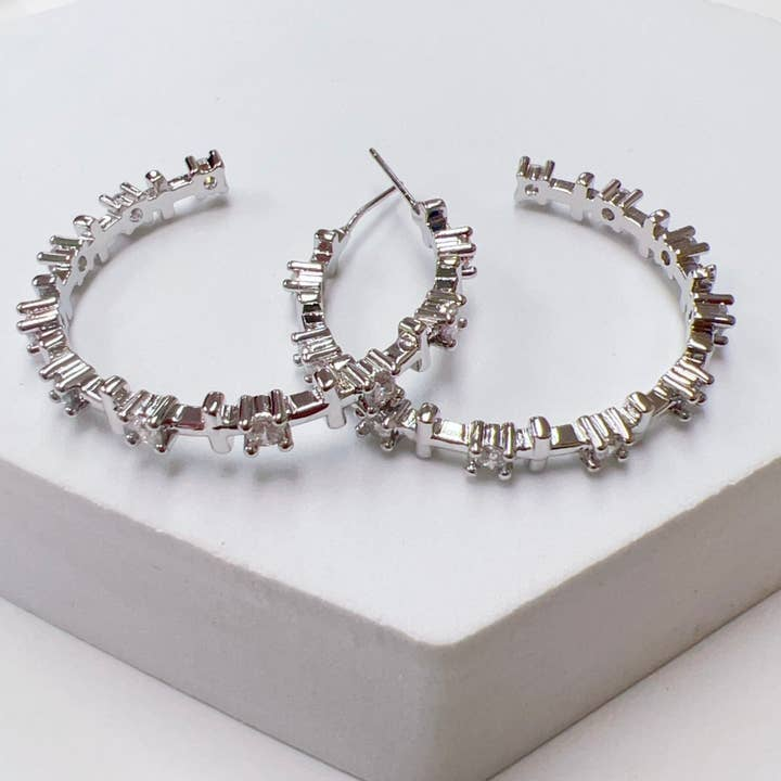 Treasure Jewels Cross Silver Hoop Earrings