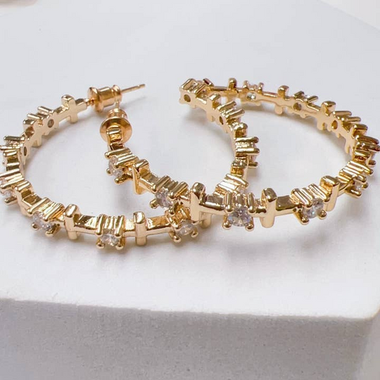 Treasure Jewels Cross Crystal Gold Hoop Earrings