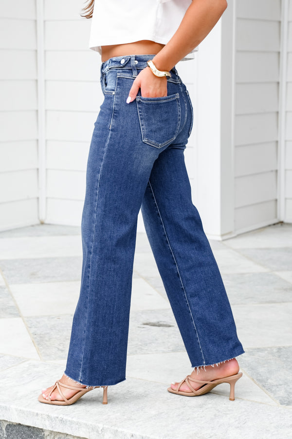 Risen Dark Tummy Control Crop Wide Leg Jeans