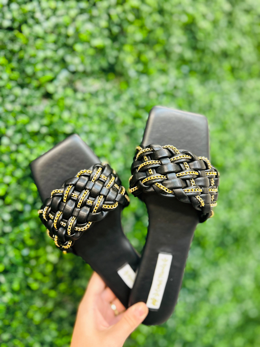 Black & Gold Chelsi Slides