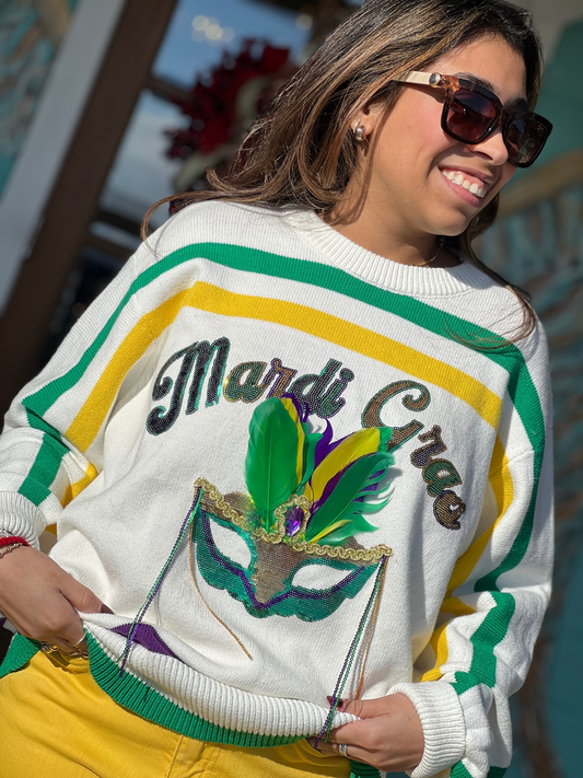 Queen of Sparkles Striped Mardi Gras Mask Sweater