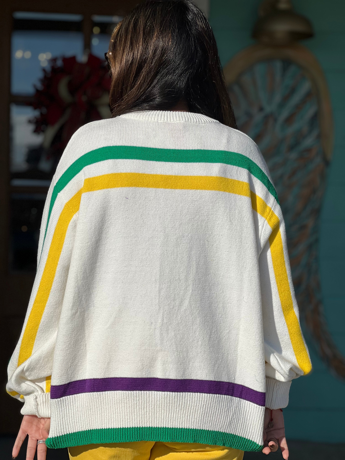 Queen of Sparkles Striped Mardi Gras Mask Sweater