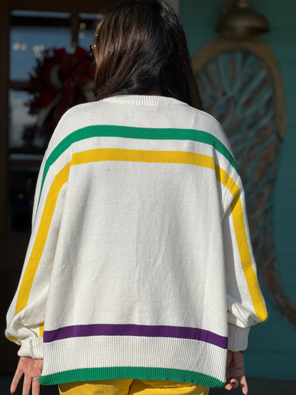 Queen of Sparkles Striped Mardi Gras Mask Sweater