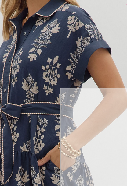 Navy Botanical Print Midi Dress