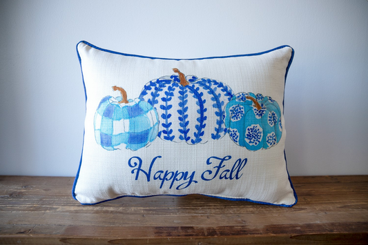 Happy Fall Blue & White Pumpkins Pillow