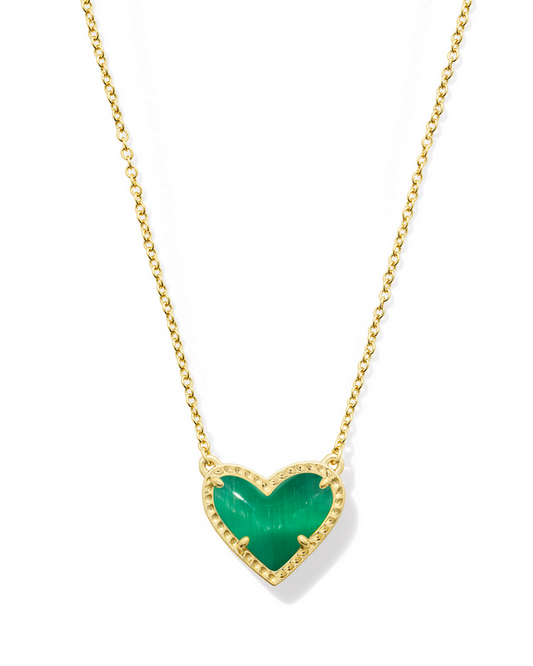 Kendra Scott Ari Heart Gold Emerald Cat's Eye Glass Pendant Necklace