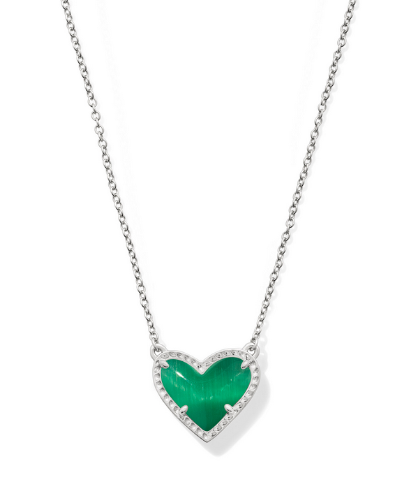 Kendra Scott Ari Heart Silver Emerald Cat's Eye Glass Pendant Necklace