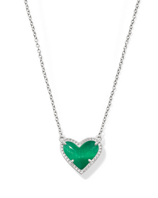 Kendra Scott Ari Heart Silver Emerald Cat's Eye Glass Pendant Necklace