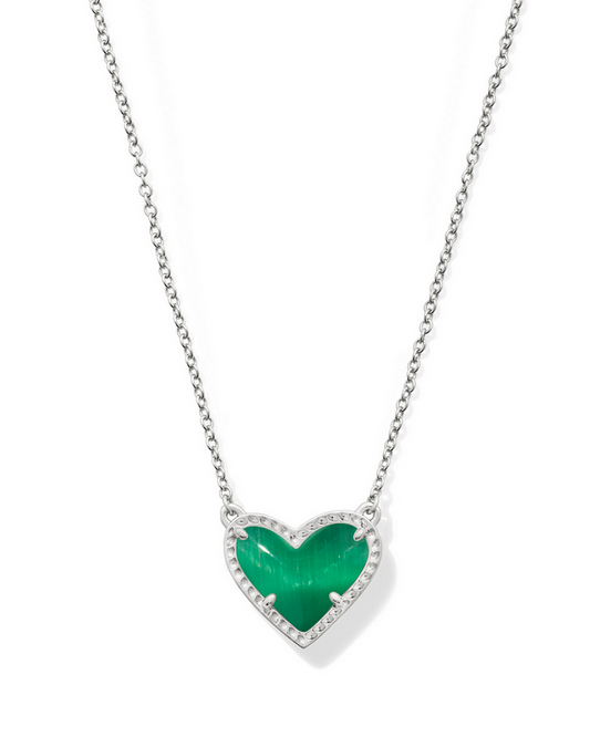 Kendra Scott Ari Heart Silver Emerald Cat's Eye Glass Pendant Necklace
