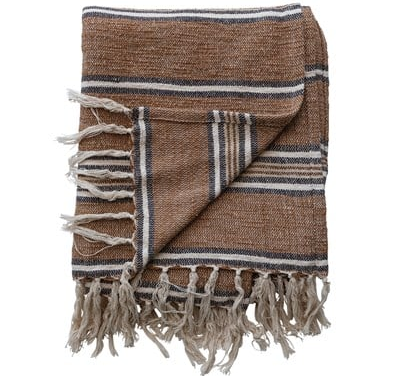 Cotton Blend Throw with Stripes & Fringe