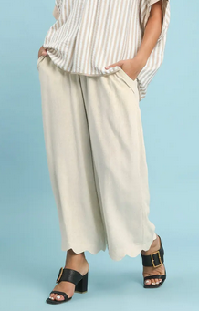 Oatmeal Linen Scallop Hem Pants