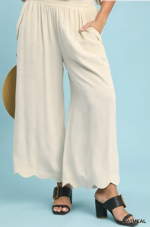 Oatmeal Linen Scallop Hem Pants