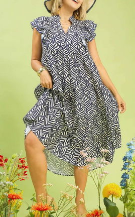 Navy Abstract Print Tiered Dress