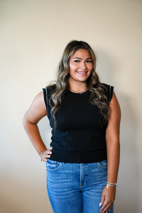 Black Pearl Trim Flutter Sleeve Top