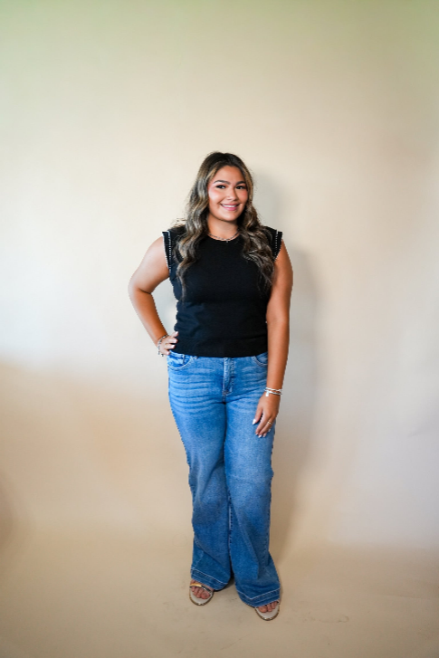 Black Pearl Trim Flutter Sleeve Top