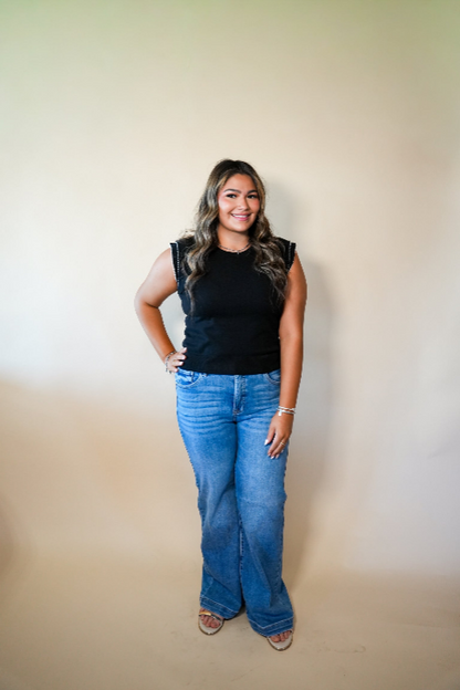 Black Pearl Trim Flutter Sleeve Top