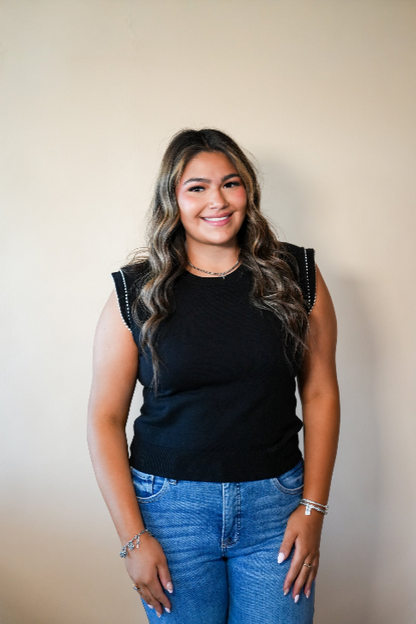 Black Pearl Trim Flutter Sleeve Top