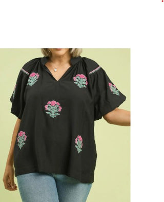 Black & Pink Floral Embroidered Top