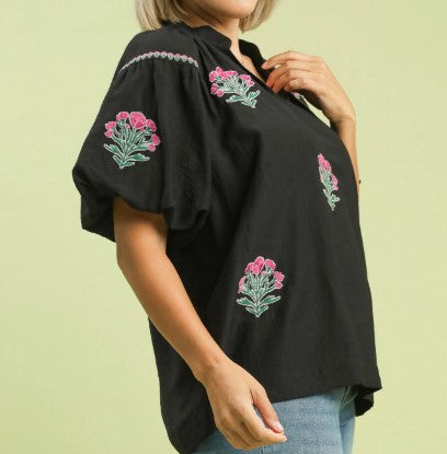 Black & Pink Floral Embroidered Top