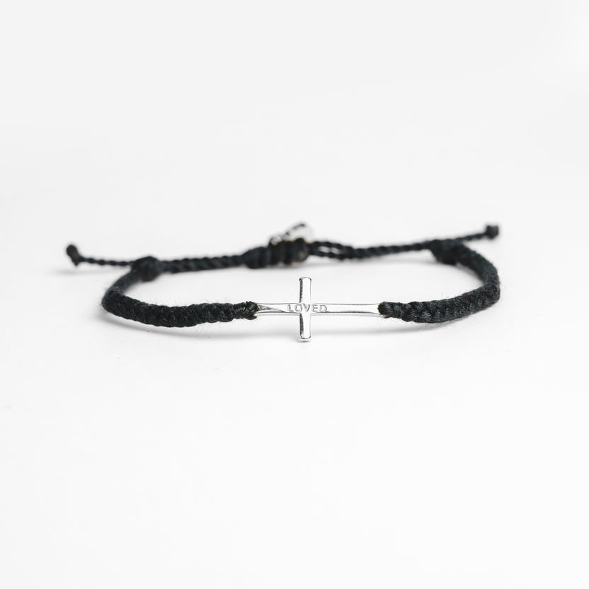 Rizen Loved Black Silver Cross Braided Bracelet