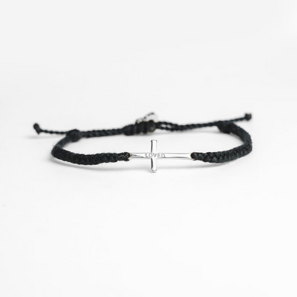 Rizen Loved Black Silver Cross Braided Bracelet