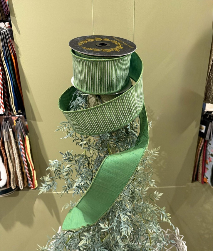 JME Ribbon 2.5"x10yd Green Mini Stripe Dupion Fused