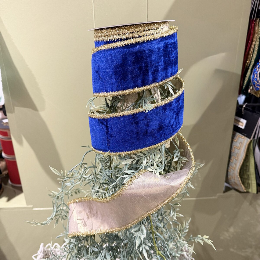 JME Ribbon 2.5"x10yd  Blue Velvet Metallic Dupion Fused Tinsel Edge