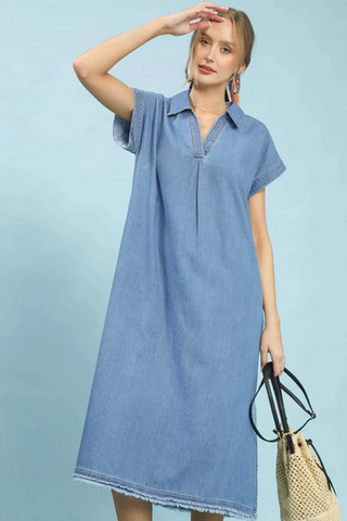 Light Stone Washed Denim Midi Dress