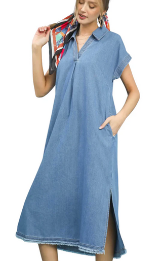 Light Stone Washed Denim Midi Dress