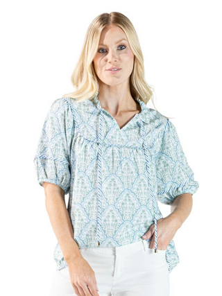 Green Blue Primrose Print Top
