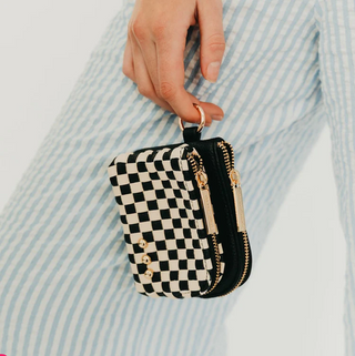 Cameron Checkered Black Clippable Double Zip Card Wallet