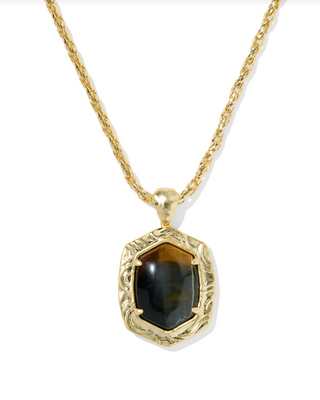 KENDRA SCOTT GOLD DARK BROWN HAWK'S EYE TIGER STRIPED DAPHNE SMALL LONG PENDANT NECKLACE