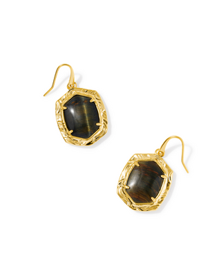 KENDRA SCOTT GOLD DARK BROWN HAWK'S EYE TIGER STRIPED DAPHNE DROP EARRINGS
