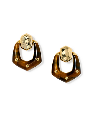 KENDRA SCOTT GOLD DARK BROWN HAWK'S EYE EMBRY OPEN FRAME EARRINGS